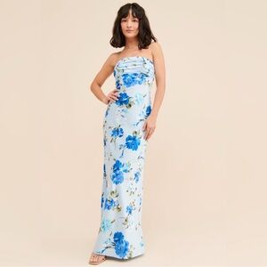 Elegant Strapless Floral Dress - Blue